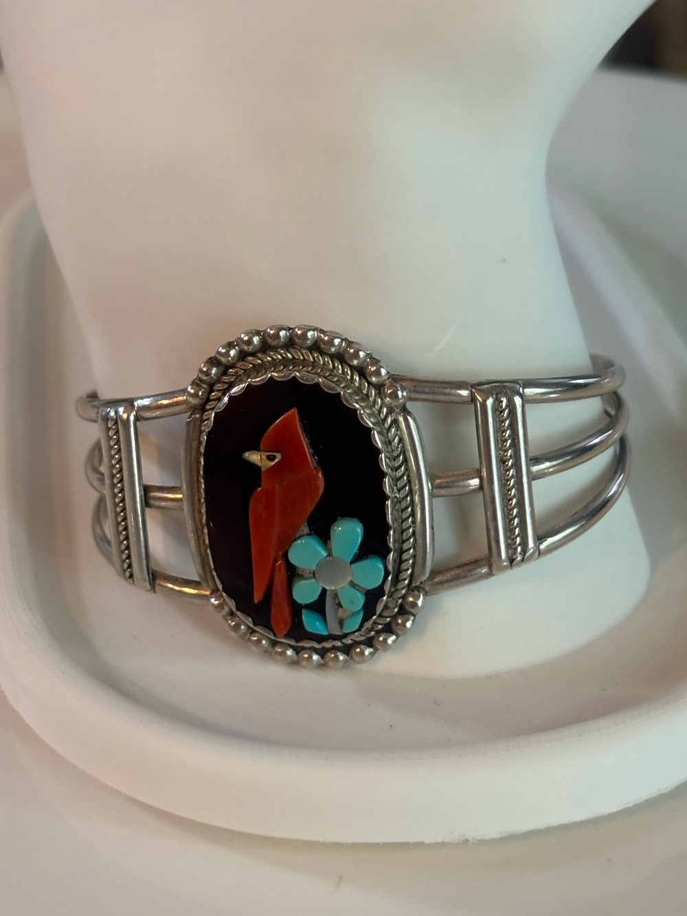 Vintage Zuni Sterling Silver Inlay Cardinal Cuff Bracelet Signed KC NM Turquoise - Picture 2 of 12